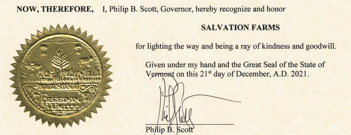 certificate from Governor Scott recognizing Salvation Farms