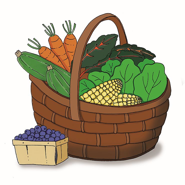 basket with vegetables and blueberries