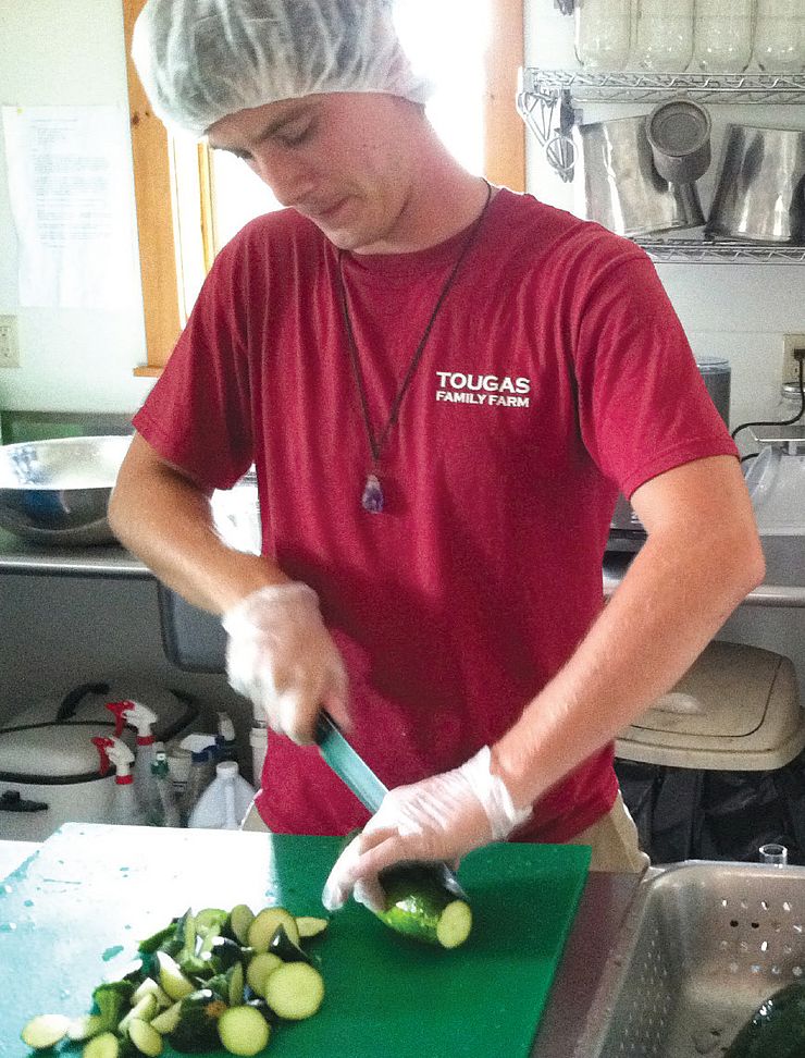 person cutting zucchini in a commercial kitchen